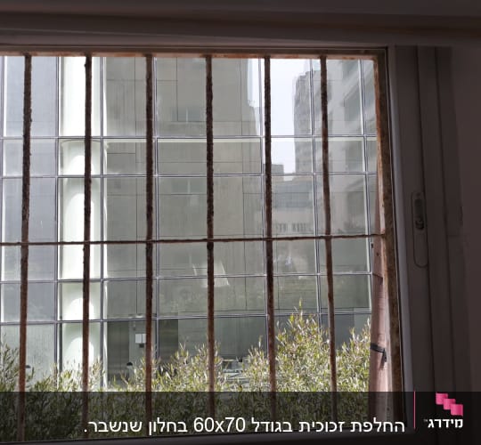 חלון זכוכית עם סורגים ומבנים ברקע